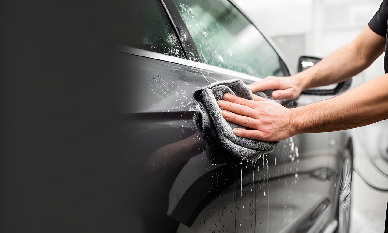 Detailaufnahme einer Handwäsche an einem dunklen Fahrzeug in einer hellen Waschhalle in Köln